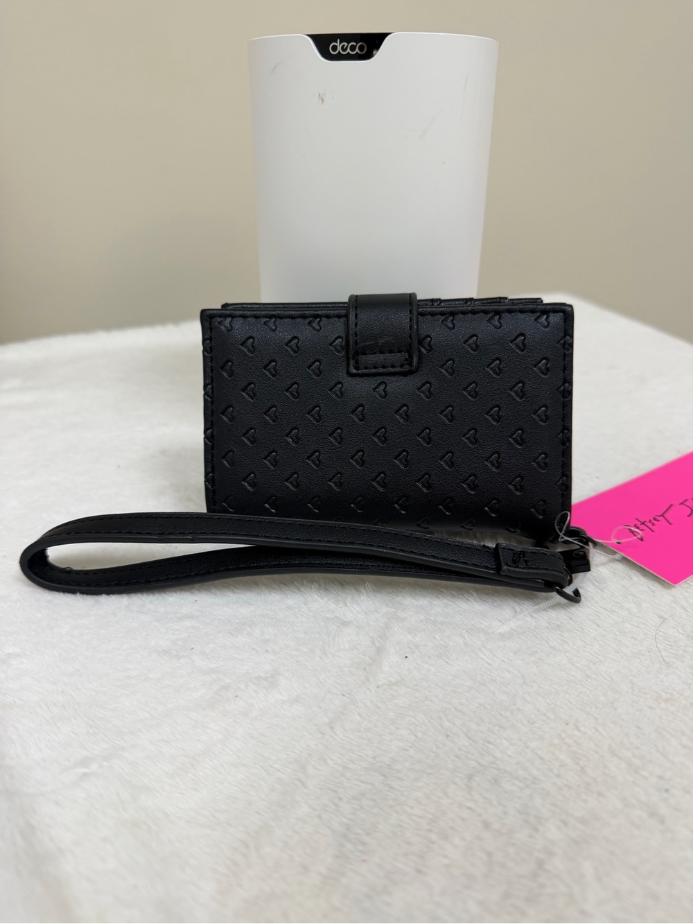 Betsey Johnson Black Embossed Heart Wallet with Wristlet Strap - Picture 2 of 5
